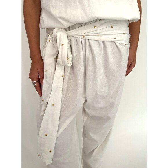 80s white embellished gold seashell retro loose cotton pant one piece jumpsuit - Picture 8 of 10